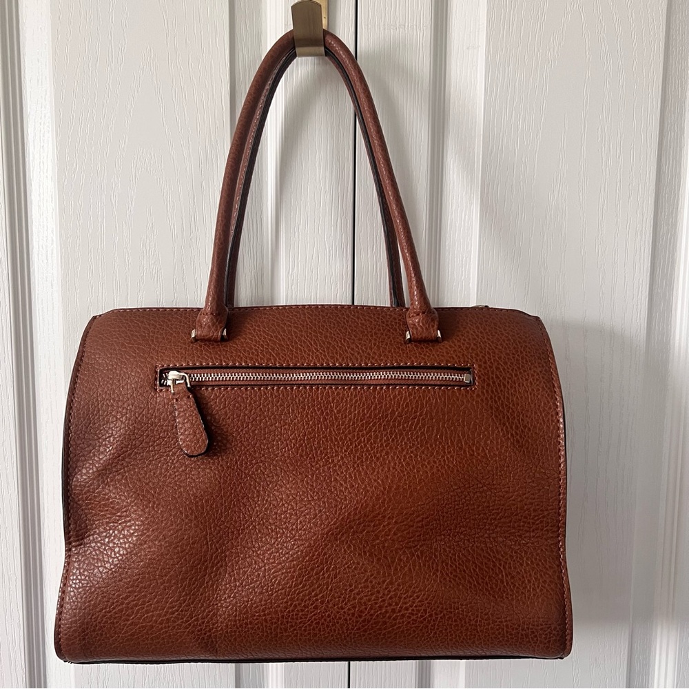 Guess Faux Leather Tan Rich Cognac Brown Structured Satchel Tote Bag - Picture 6 of 16